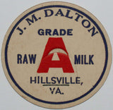 Vintage milk bottle cap J M DALTON Grade A Raw Milk Hillsville Virginia unused