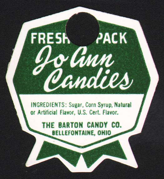 Vintage tag JO ANN CANDIES ribbon shaped Barton Candy Bellefontaine Ohio n-mint+