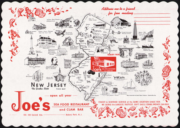 Vintage placemat JOES SEA FOOD RESTAURANT and CLAM BAR New Jersey map Asbury Park