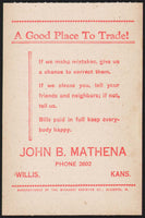 Vintage receipt JOHN B MATHENA Groceries Meats Notions dated 1950s Willis Kansas