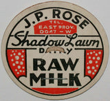 Vintage milk bottle cap J P ROSE Shadow Lawn Dairy East Providence Rhode Island