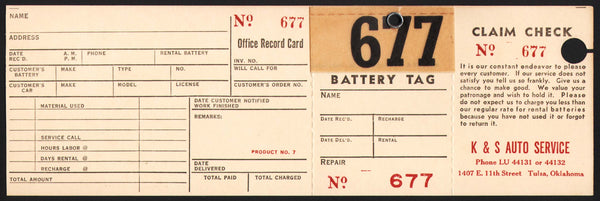 Vintage battery tag K and S AUTO SERVICE Phone LU 44131 Tulsa Oklahoma unused