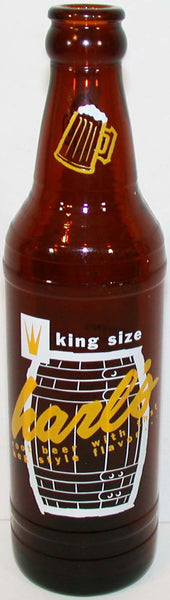 Vintage soda pop bottle KARLS ROOT BEER amber glass keg Cedar Rapids Iowa n-mint