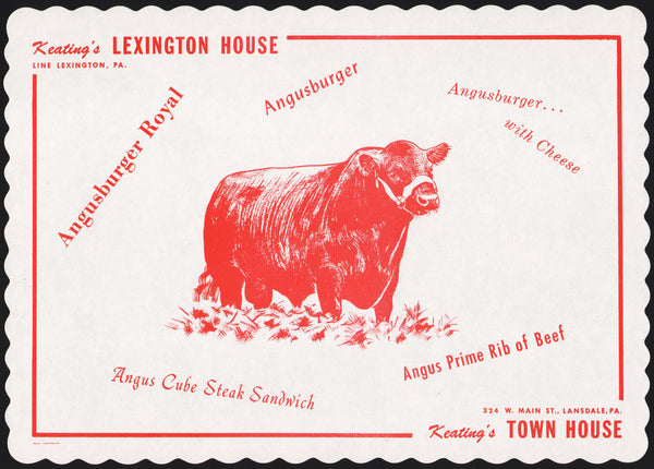 Vintage placemat KEATINGS LEXINGTON HOUSE restaurant Angus cow pictured Lansdale PA