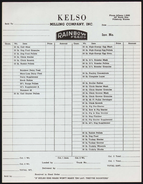 Vintage receipt KELSO MILLING COMPANY INC Rainbow Feeds Pittsburg Kansas n-mint