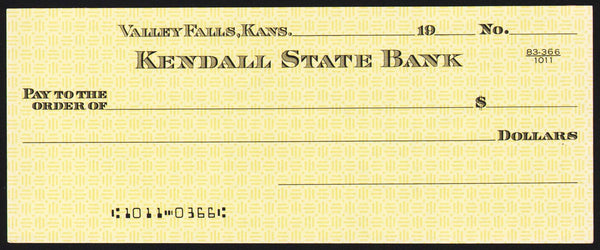 Vintage bank check KENDALL STATE BANK Valley Falls Kansas unused new old stock