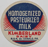 Vintage milk bottle cap KIMBERLAND DAIRY Homogenized Milk McDonald Pennsylvania