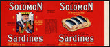 Vintage label KING SOLOMON Natural Sardines king pictured Getz Bros San Francisco