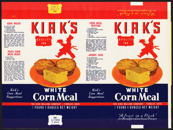 Vintage label KIRKS QUALITY INN White Corn Meal Findlay Ohio unused n-mint+