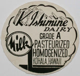 Vintage milk bottle cap K ISHIMINE DAIRY Homogenized Kohala Hawaii new old stock