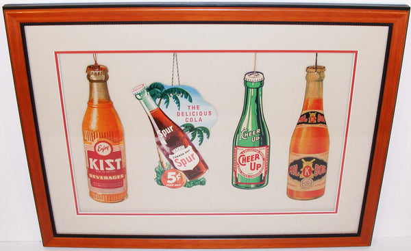 Vintage signs KIST SPUR CHEER UP and MIL K BOTL cardboard stringers pro framed