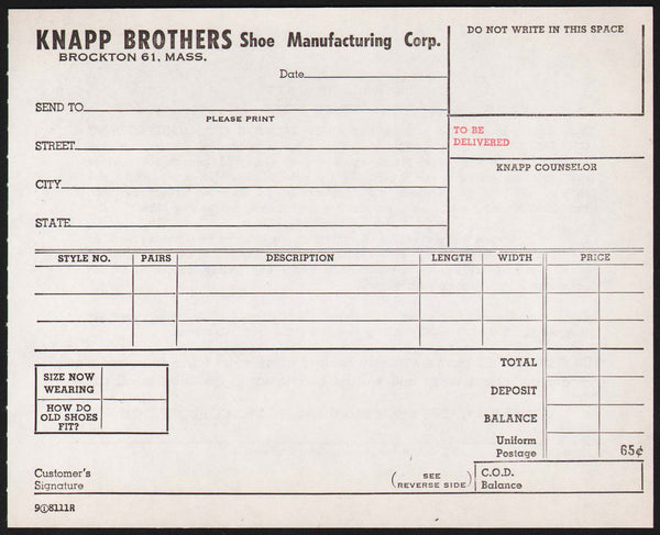 Vintage receipt KNAPP BROTHERS Shoe Manufacturing Corp Brockton Massachusetts