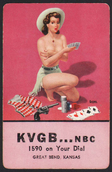 Vintage playing card KVGB radio NBC 1590 girlie William Layne Great Bend Kansas