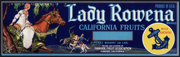 Vintage label LADY ROWENA California Fruits woman on horse knights Ivanhoe n-mint+