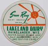 Vintage milk bottle cap LAKELAND DAIRY Sun Ray Orange Rhinelander Wisconsin