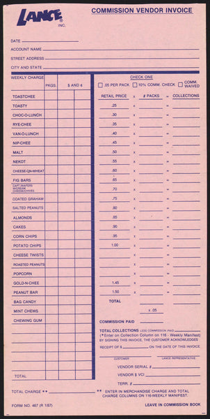 Vintage receipt LANCE Commission Vendor Invoice unused new old stock n-mint+