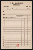 Vintage receipt L B BICKNELL Groceries Phone 4-14 dated 1940s Lincoln Vermont