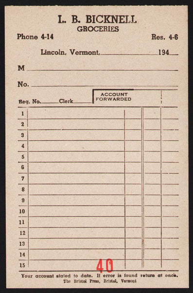 Vintage receipt L B BICKNELL Groceries Phone 4-14 dated 1940s Lincoln Vermont