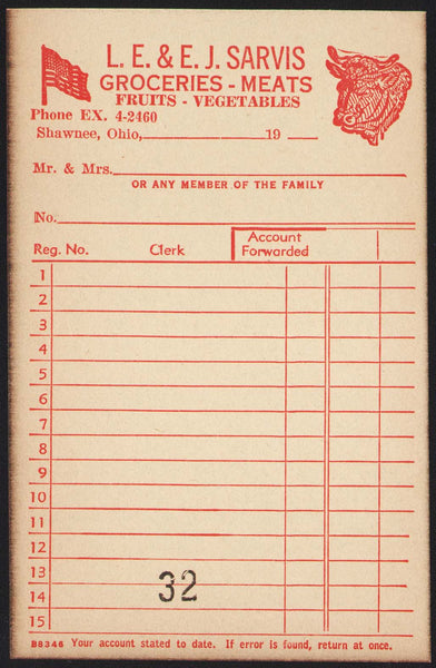 Vintage receipt L E and E J SARVIS Groceries Meat flag and cow pics Shawnee Ohio