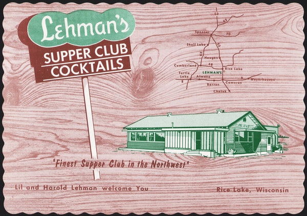 Vintage placemat LEHMANS SUPPER CLUB Cocktails building map Rice Lake Wisconsin