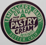 Vintage milk bottle cap LEMENAGERS DAIRY Pastry Cream Sutter California unused