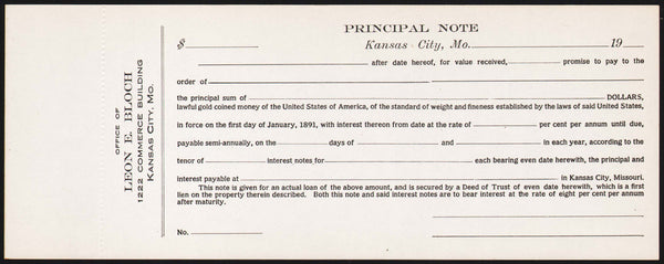 Vintage document LEON E BLOCH Principal Note Kansas City Missouri unused n-mint+