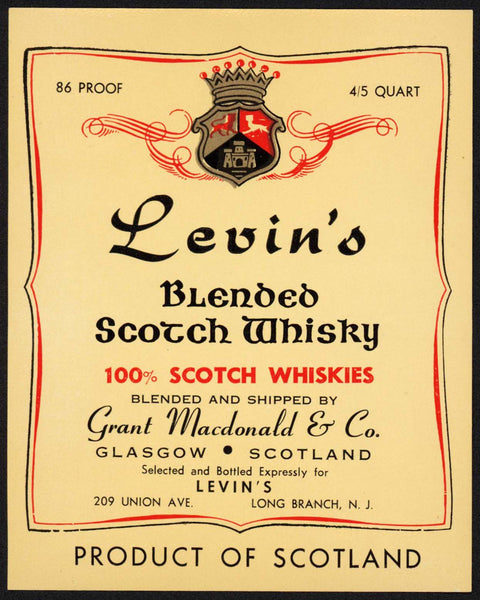 Vintage label LEVINS Blended Scotch Whiskey Macdonald Long Branch New Jersey