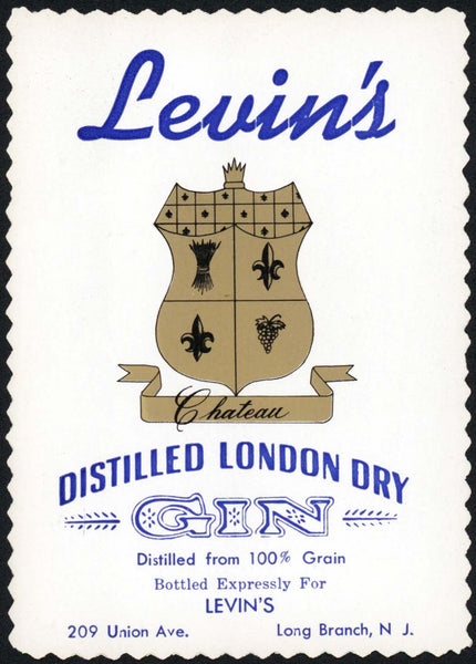Vintage label LEVINS London Dry Gin Long Branch New Jersey new old stock n-mint+