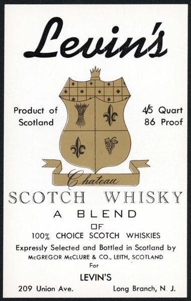 Vintage label LEVINS Scotch Whiskey Long Branch New Jersey new old stock n-mint+