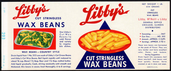 Vintage label LIBBYS Wax Beans pictured Libby McNeill Chicago Illinois n-mint+
