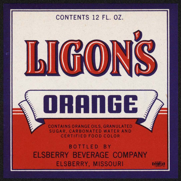Vintage soda pop bottle label LIGONS ORANGE Elsberry Missouri unused n-mint+