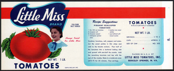 Vintage label LITTLE MISS Tomatoes woman pictured Berkeley Springs West Virginia