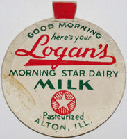 Vintage milk bottle cap LOGANS MORNING STAR DAIRY Pasteurized Alton Illinois used