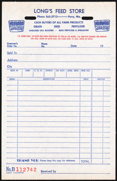 Vintage receipt LONGS FEED STORE Hubbard Feeds Perry Missouri new old stock n-mint