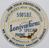 Vintage milk bottle cap LONGVUE FARMS Special Phone 337 Bristolville Ohio unused
