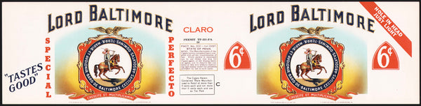 Vintage label LORD BALTIMORE Special Perfecto cigars 6 cents jar label n-mint+