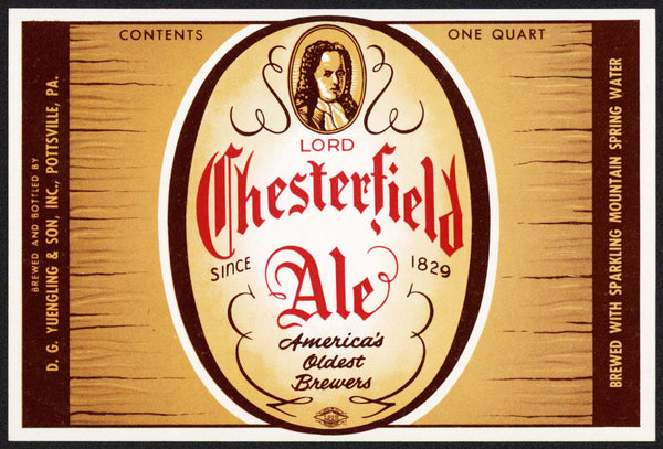 Vintage label LORD CHESTERFIELD ALE beer D G Yuengling Pottsville PA n-mint+