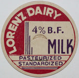 Vintage milk bottle cap LORENZ DAIRY Pasteurized Standardized Youngstown Ohio