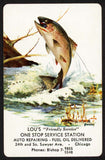 Vintage single playing card LOUS FRIENDLY SERVICE STATION Sweney fish Chicago