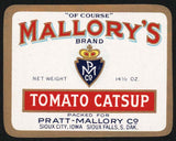 Vintage label MALLORYS Tomato Catsup Pratt Sioux City IA Sioux Falls SD n-mint+