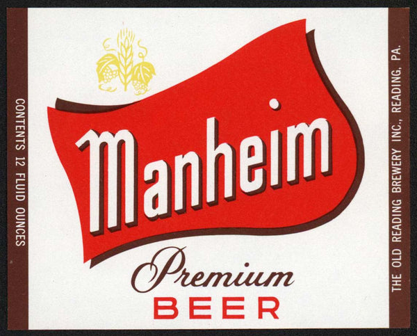 Vintage label MANHEIM PREMIUM BEER The Old Reading Brewery Pennsylvania n-mint+