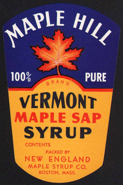 Vintage label MAPLE HILL Vermont Maple Sap Syrup Boston Massachusetts n-mint+