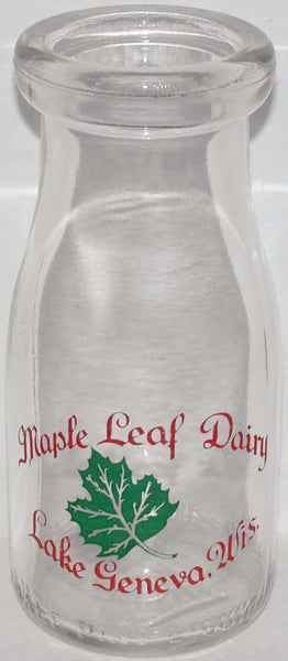 Vintage milk bottle MAPLE LEAF DAIRY 2 color pyro half pint Lake Geneva Wisconsin