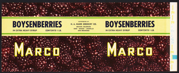 Vintage label MARCO Boysenberries H A Marr Grocery Denver Enid Amarillo n-mint+