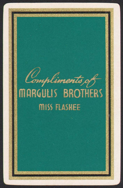 Vintage playing card MARGULIS BROTHERS aquamarine background Miss Flashee clothes