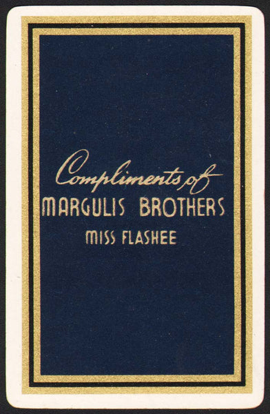 Vintage playing card MARGULIS BROTHERS blue background Miss Flashee clothing