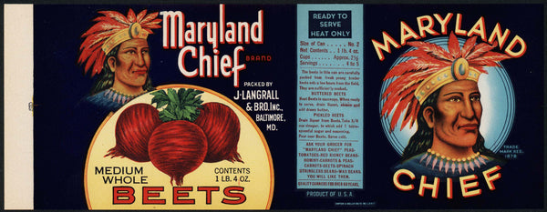 Vintage label MARYLAND CHIEF Beets indian pictured J Langrall Baltimore n-mint+