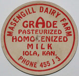 Vintage milk bottle cap MASENGILL DAIRY FARM Phone 455 J 3 Iola Kansas used condition