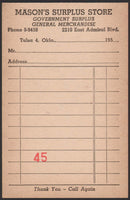Vintage receipt MASONS SURPLUS STORE Phone 5-9459 Tulsa Oklahoma 1950s unused