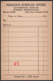 Vintage receipt MASONS SURPLUS STORE Phone 5-9459 Tulsa Oklahoma 1950s unused